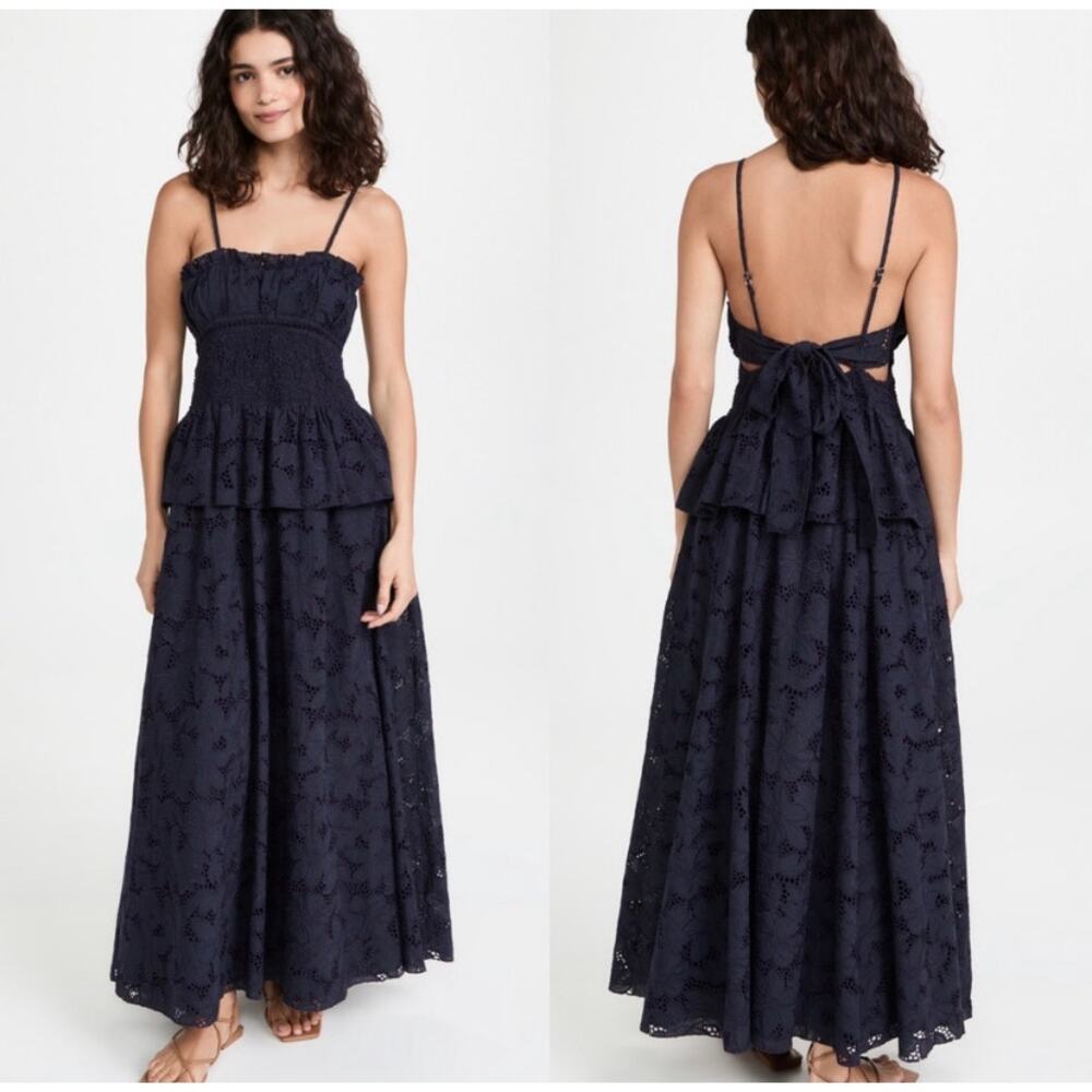 Lug Von Siga Navy Blue Eyelet Floral Tie Back Maxi Dress Smocked EUC EU 38